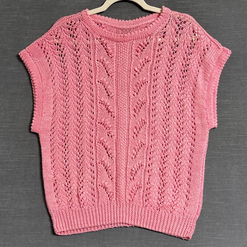 Handknit Sweater M Pink Pointelle Lace Popcorn Bobble Sleeveless Knit Top Retro